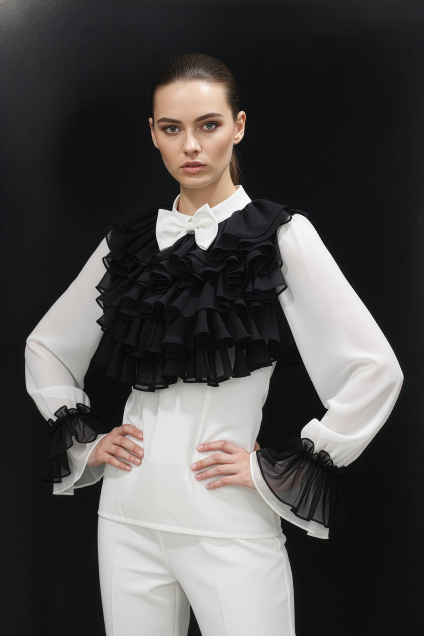 White Black Ruffle Drama Top