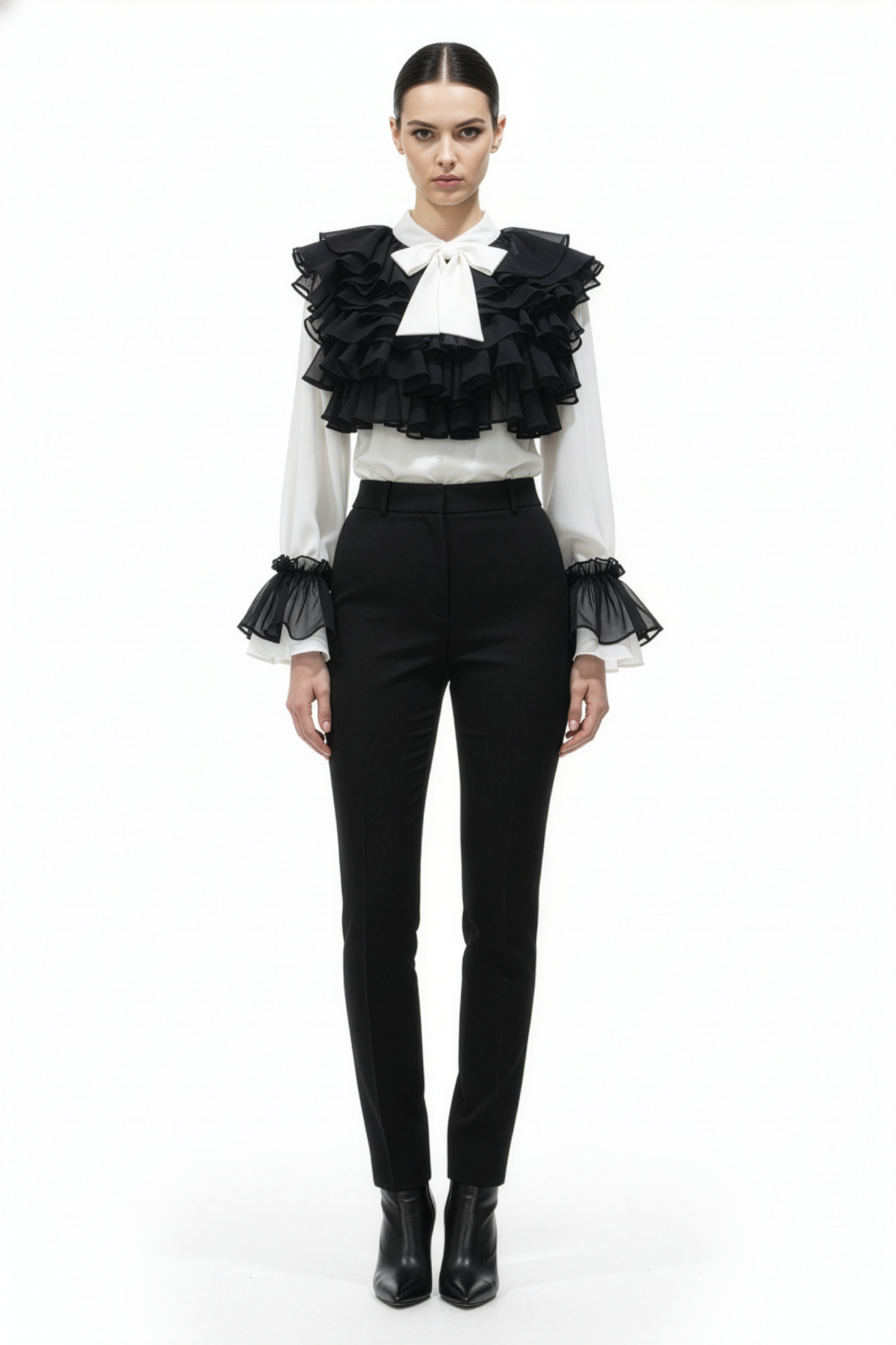 White Black Ruffle Drama Top