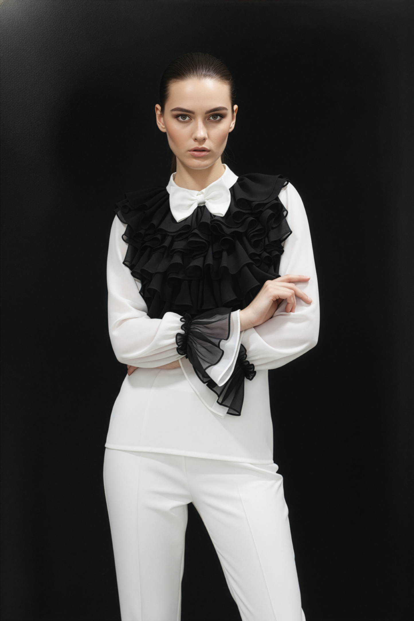 White Black Ruffle Drama Top