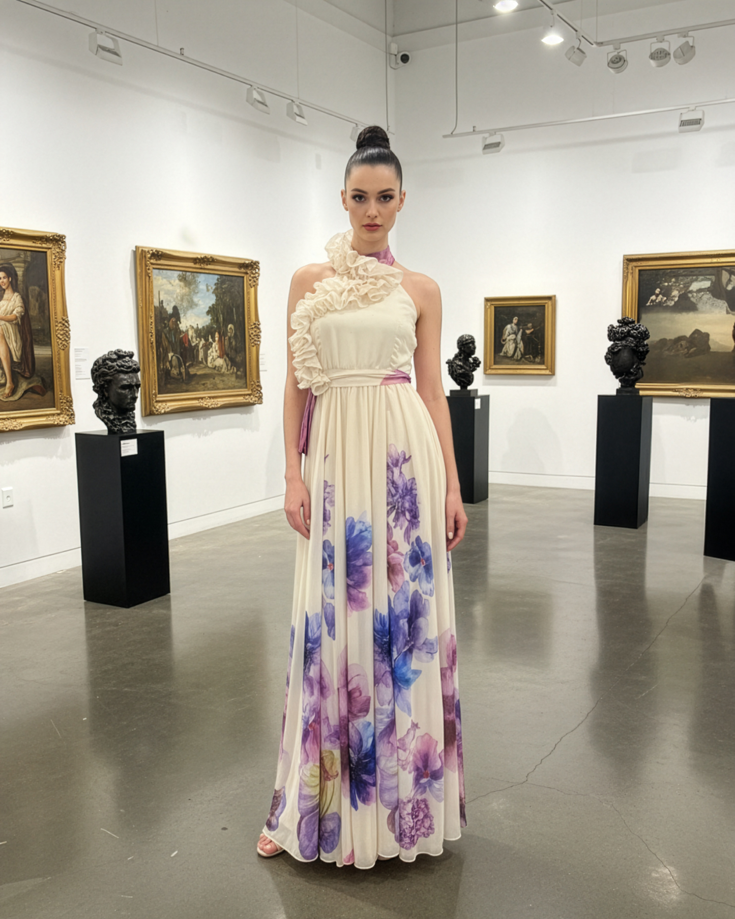 LUXE FlowerPaint Ruffle Halter Gown