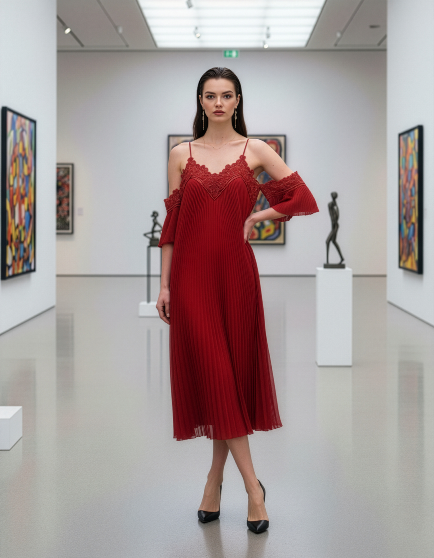 CLEARANCE - Red Cold-Shoulder Lace Dress