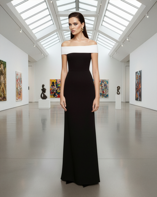 LUXE Black White Off Shoulder Gown