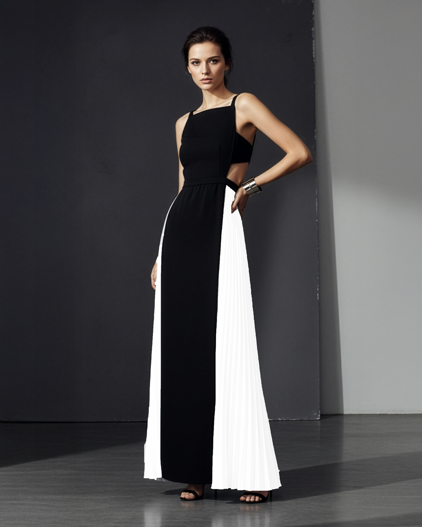 LUXE Black White Panel Cut-Out Gown