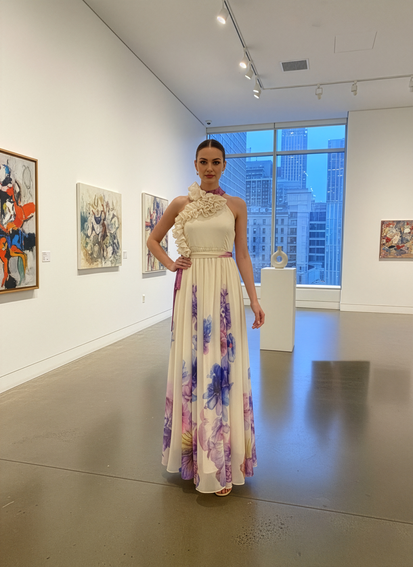 LUXE FlowerPaint Ruffle Halter Gown