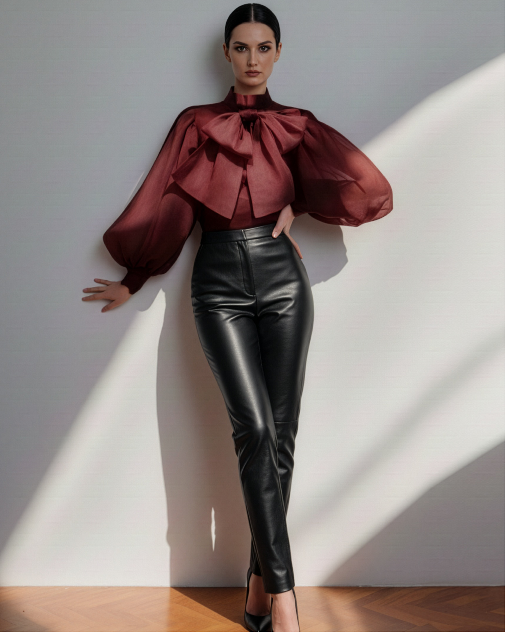 Person wearing a burgundy top with large bow and black leather pants against a white wall.
