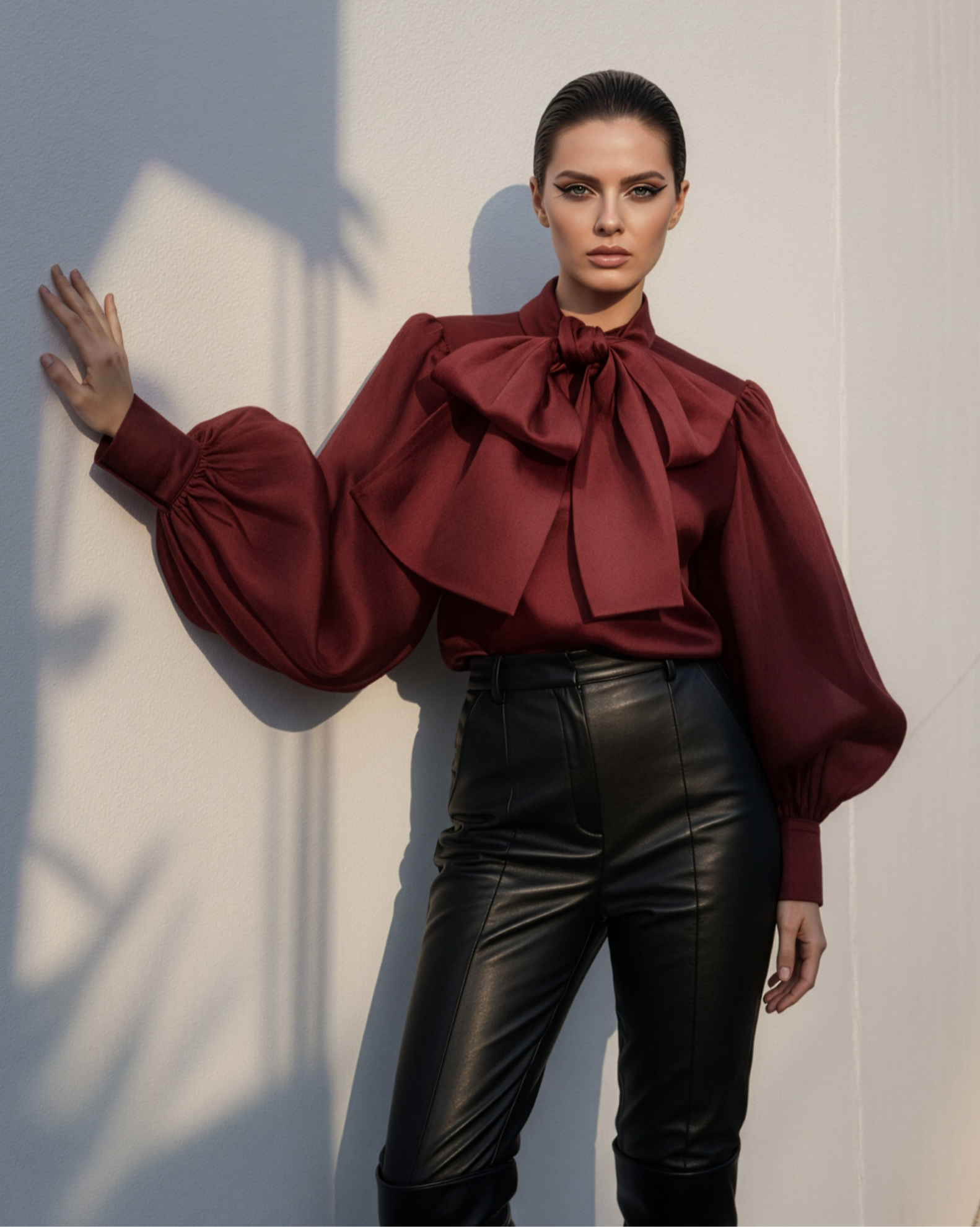 Woman wearing a burgundy blouse with ruffled details and black leather pants against a light background