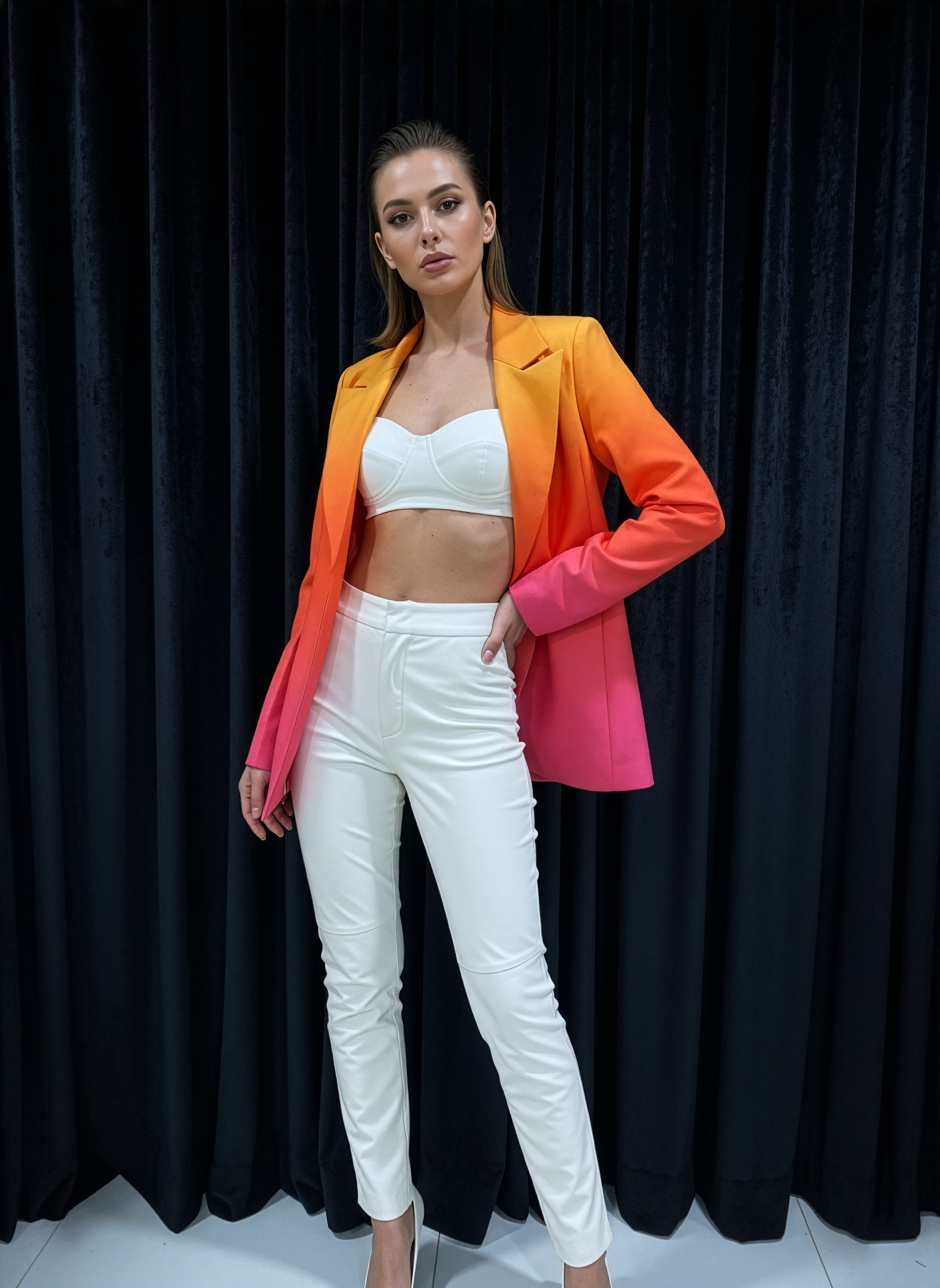 Woman wearing a colorful blazer over a white outfit against a black curtain background