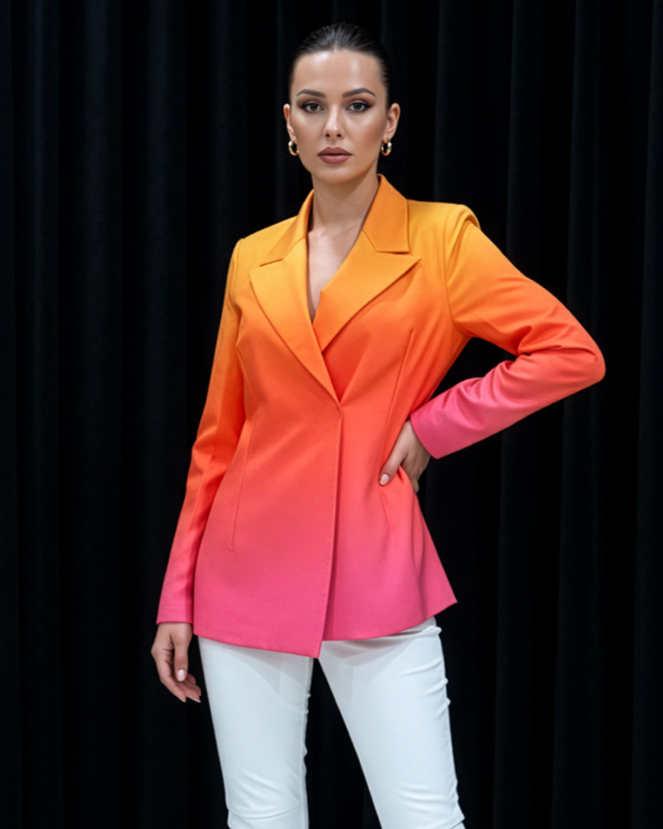 Woman wearing a gradient jacket from orange to pink against a black background
