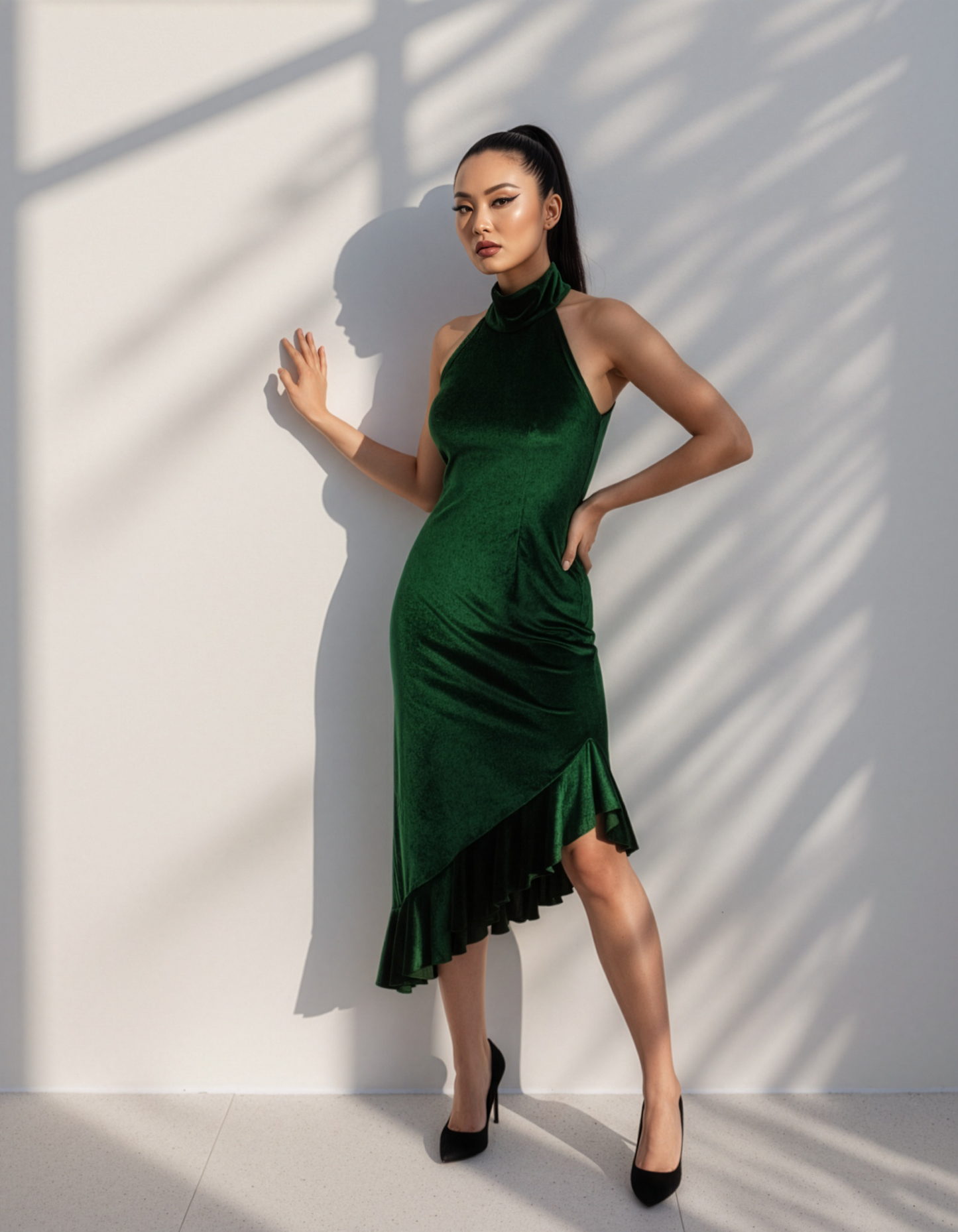 Emerald Velvet Ruffle Dress