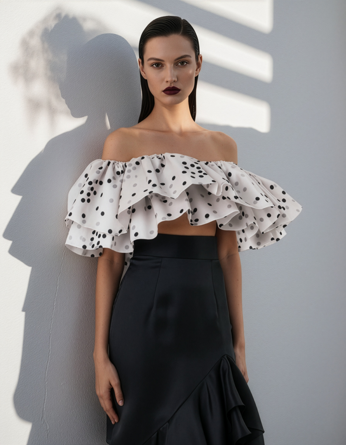 Polka Ruffle Off Shoulder Top