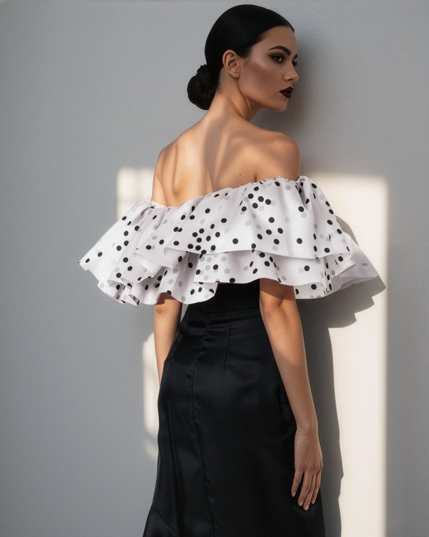 Polka Ruffle Off Shoulder Top