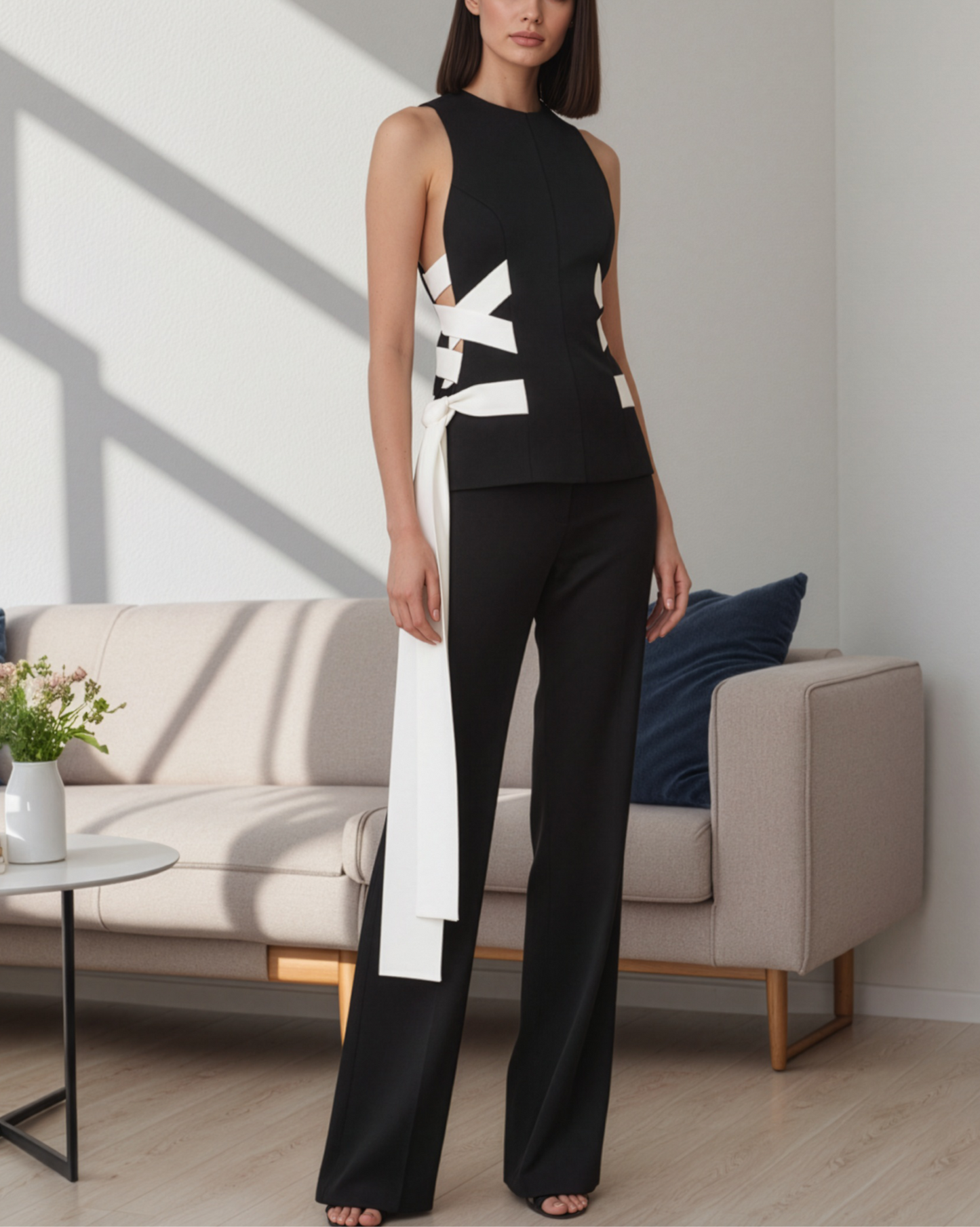 Black White Side Tie Top