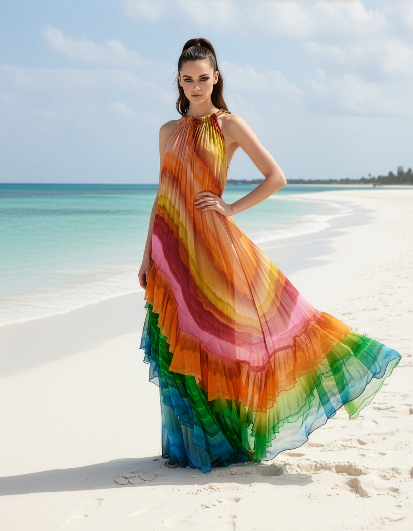 Rainbow Marble Ruffle Gown