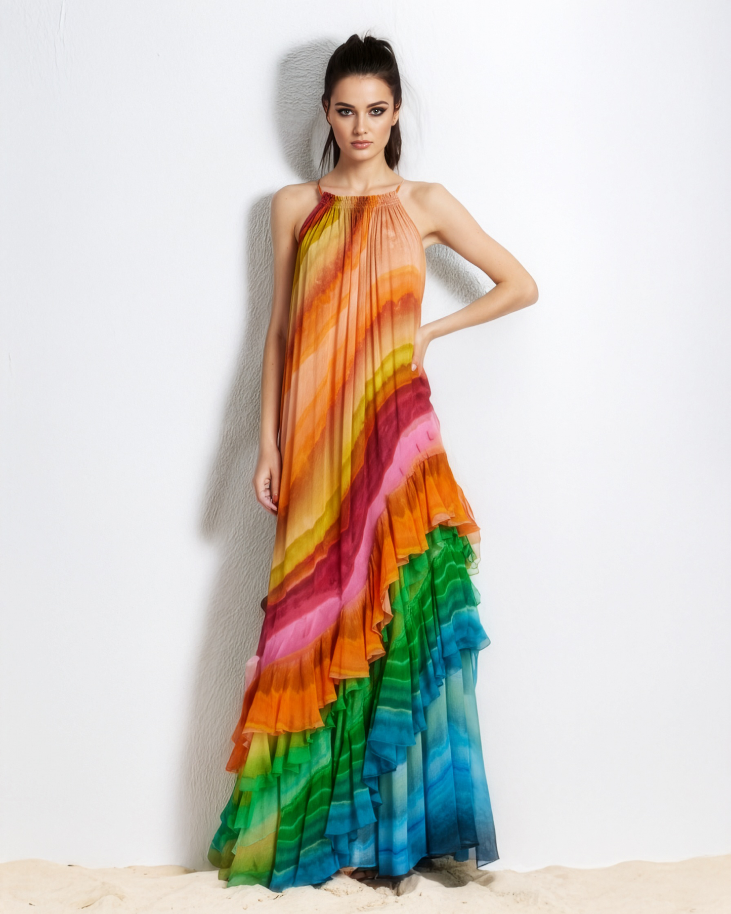 Rainbow Marble Ruffle Gown
