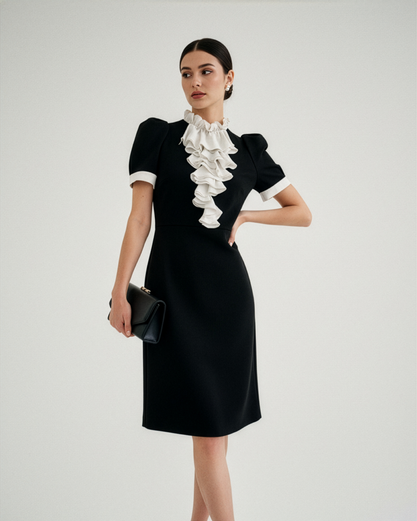Black White Ruffle Neck Dress