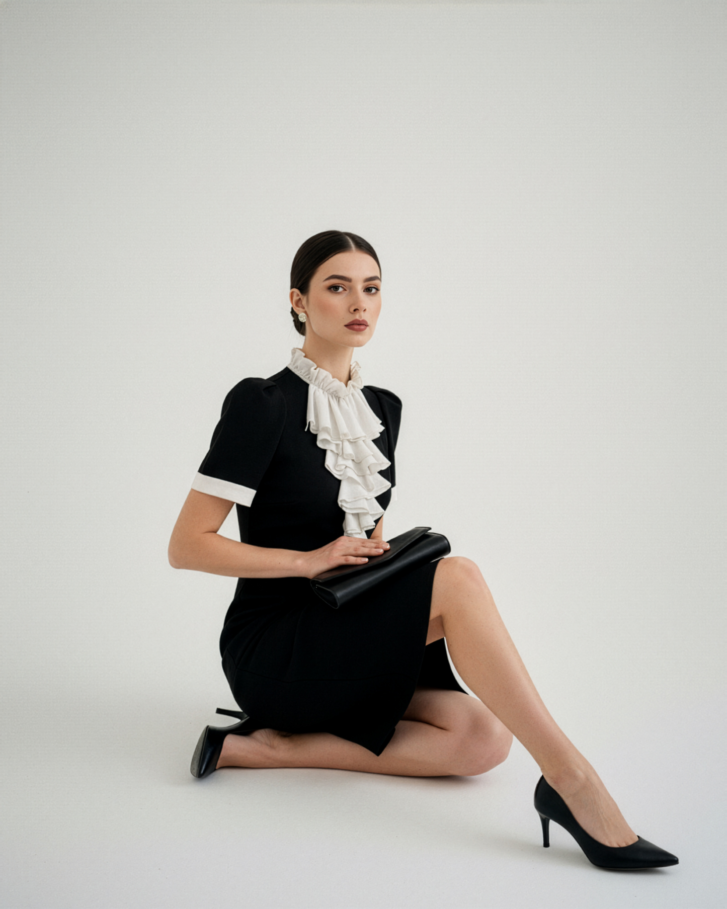 Black White Ruffle Neck Dress