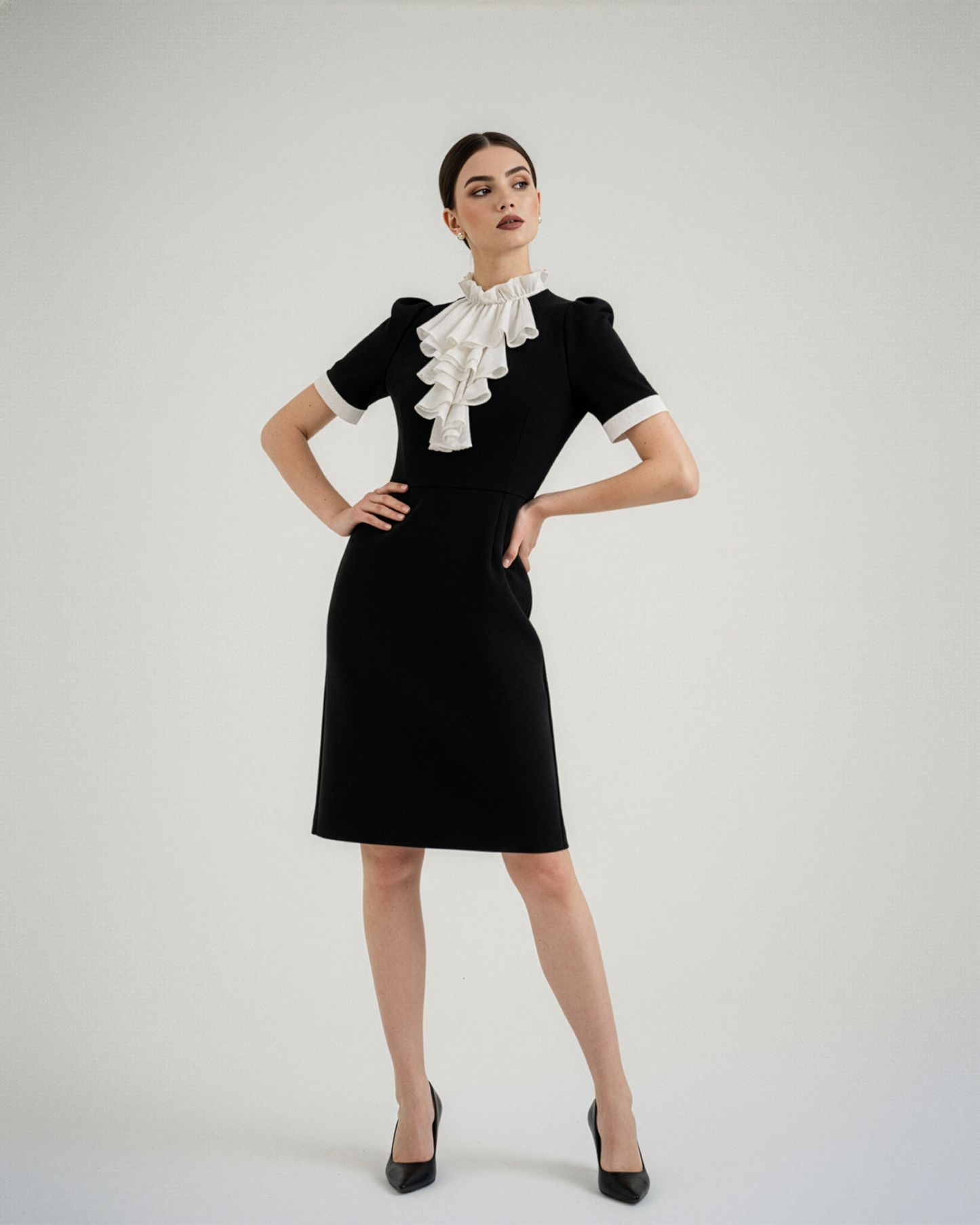 Black White Ruffle Neck Dress