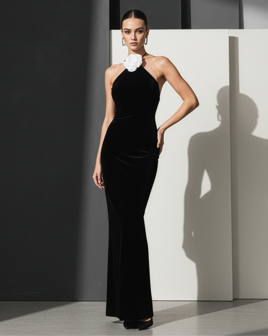 LUXE Black Halter Rose Gown
