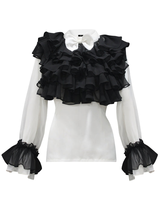 White Black Ruffle Drama Top