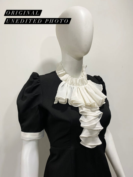 Black White Ruffle Neck Dress