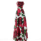 Floral strapless dress with red roses on a white background