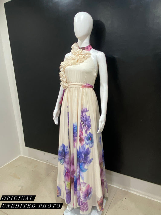 FlowerPaint Ruffle Halter Gown