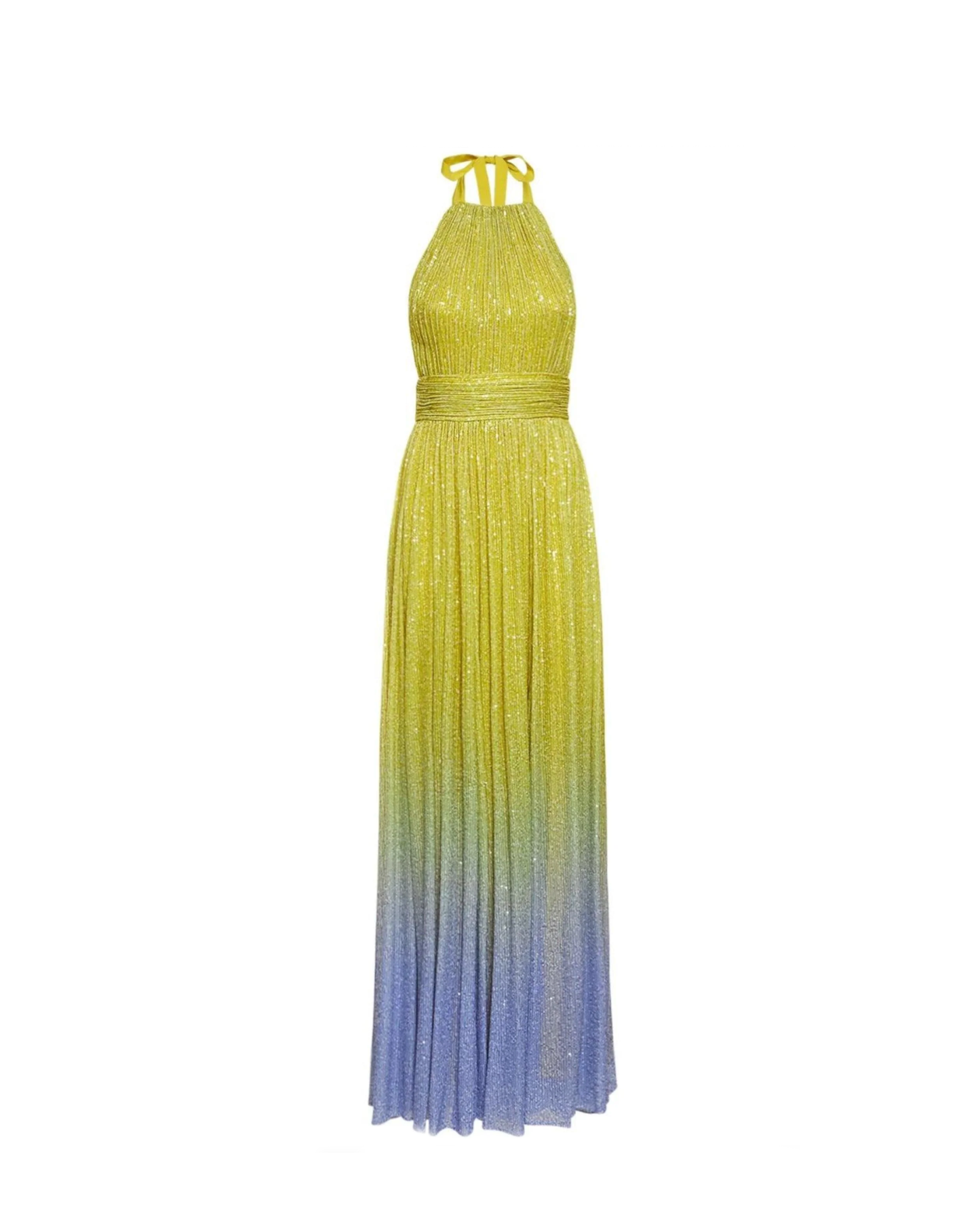 A lime green to lilac gradient maxi dress with sequins, sleeveless design, and a tie at the neck.