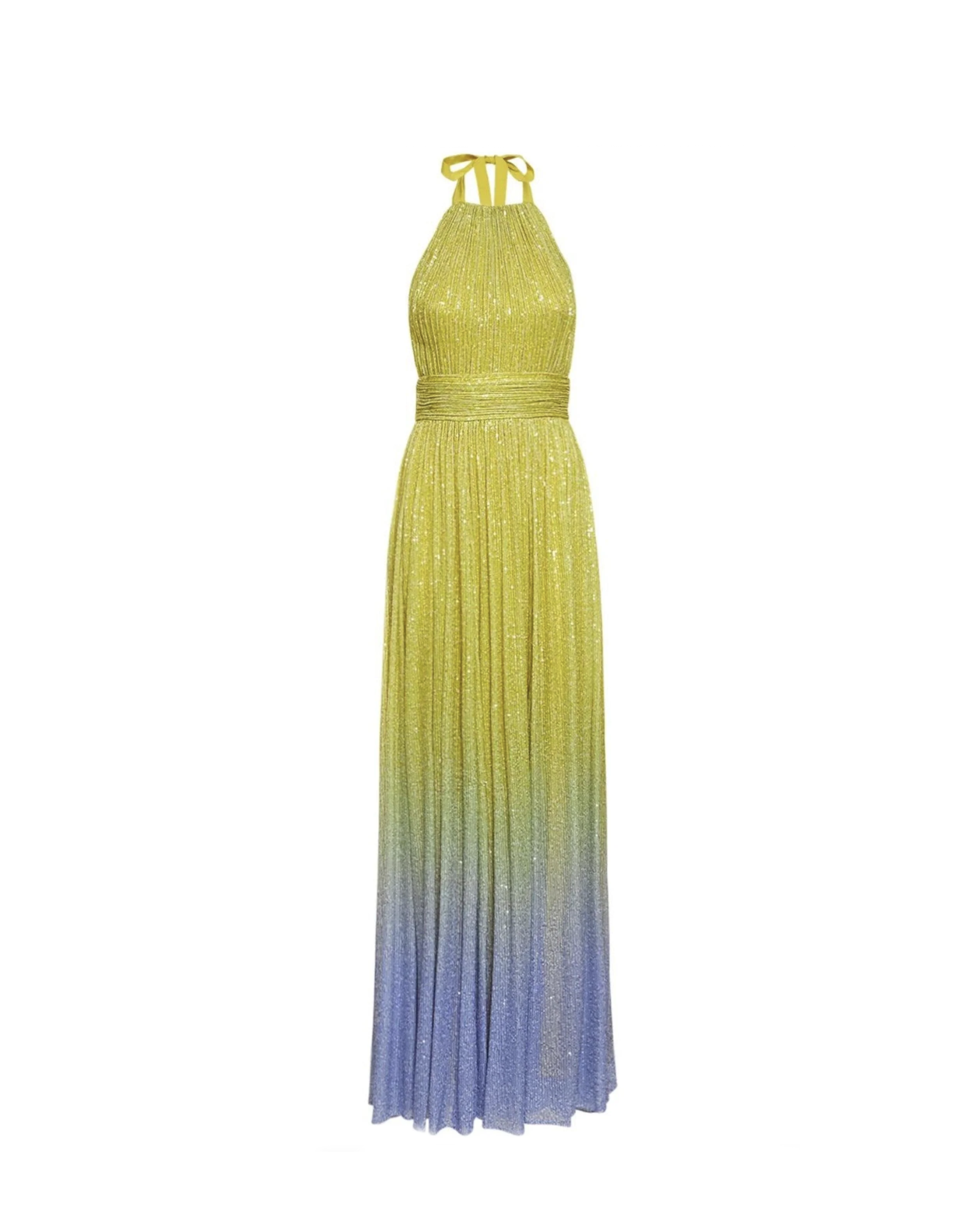 A lime green to lilac gradient maxi dress with sequins, sleeveless design, and a tie at the neck.