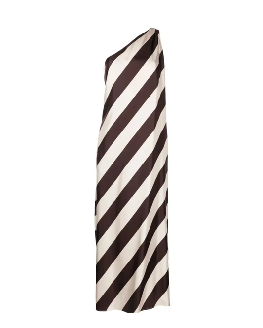 One-shoulder dress with black and white diagonal stripes on a white background