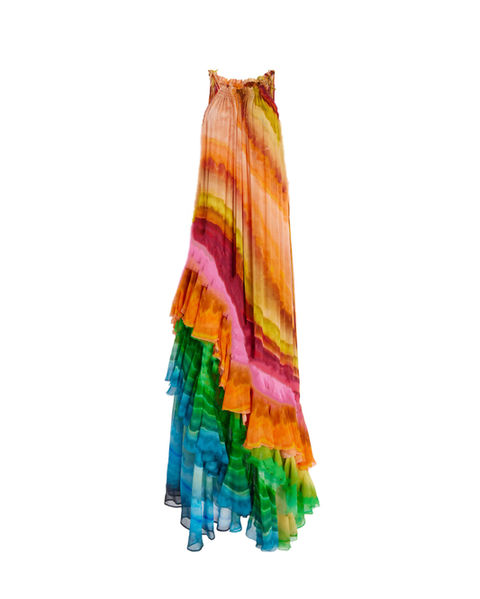 Multicolored dress with ruffled layers on a white background