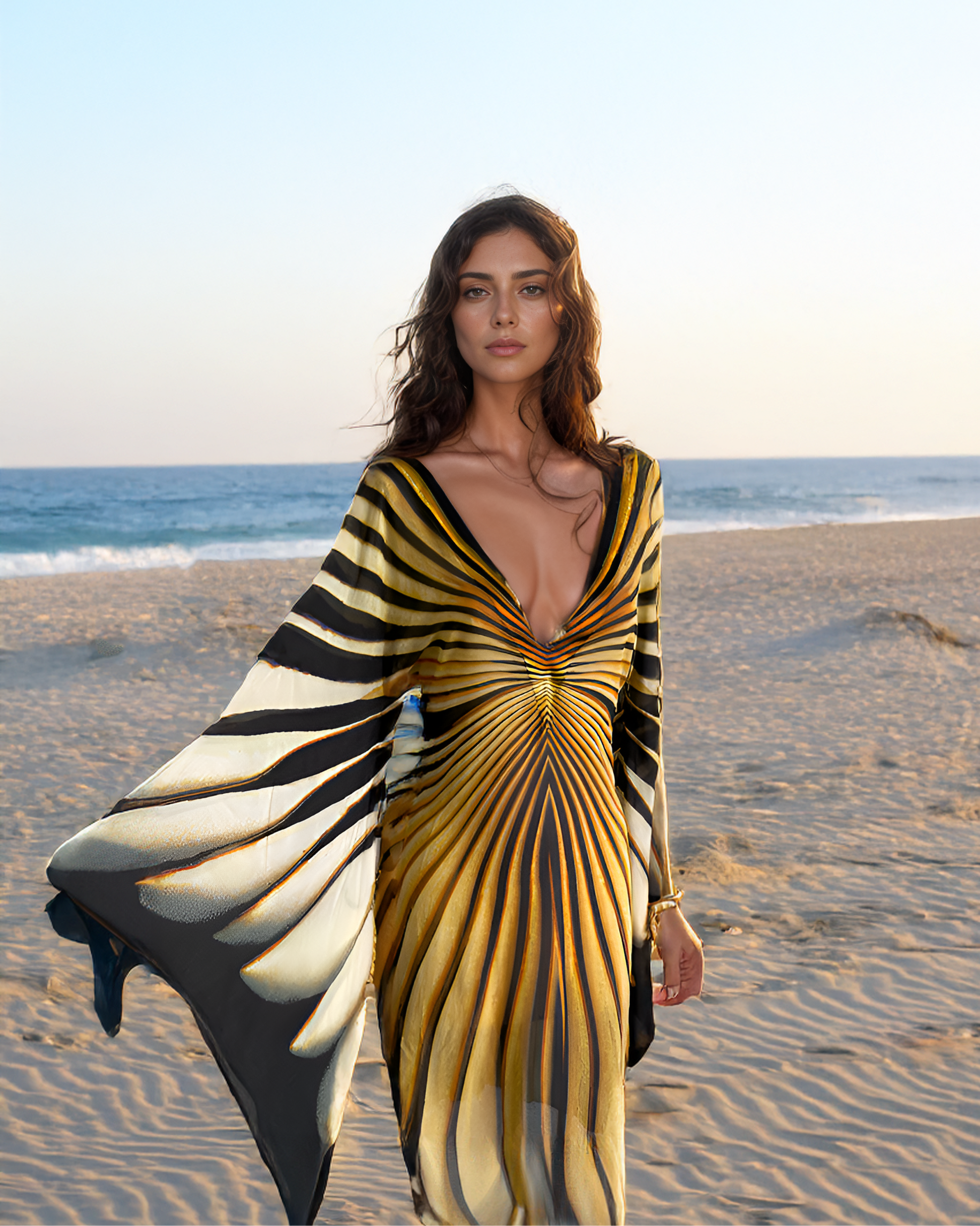 Woman in a zebra-striped dress on a beach