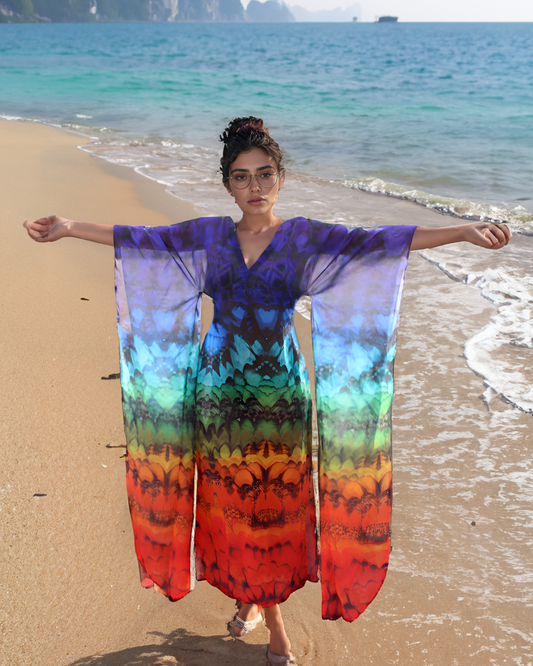 Woman wearing a colorful tie-dye dress on a beach with ocean and mountains in the background