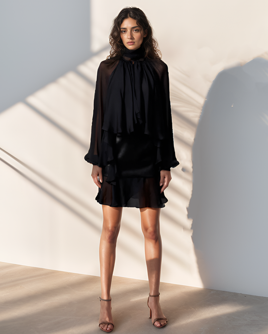 Black Front Ruffle Sheer Top