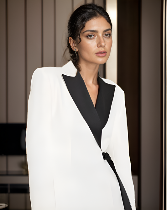 LUXE Black Collar White Wrap Blazer Dress