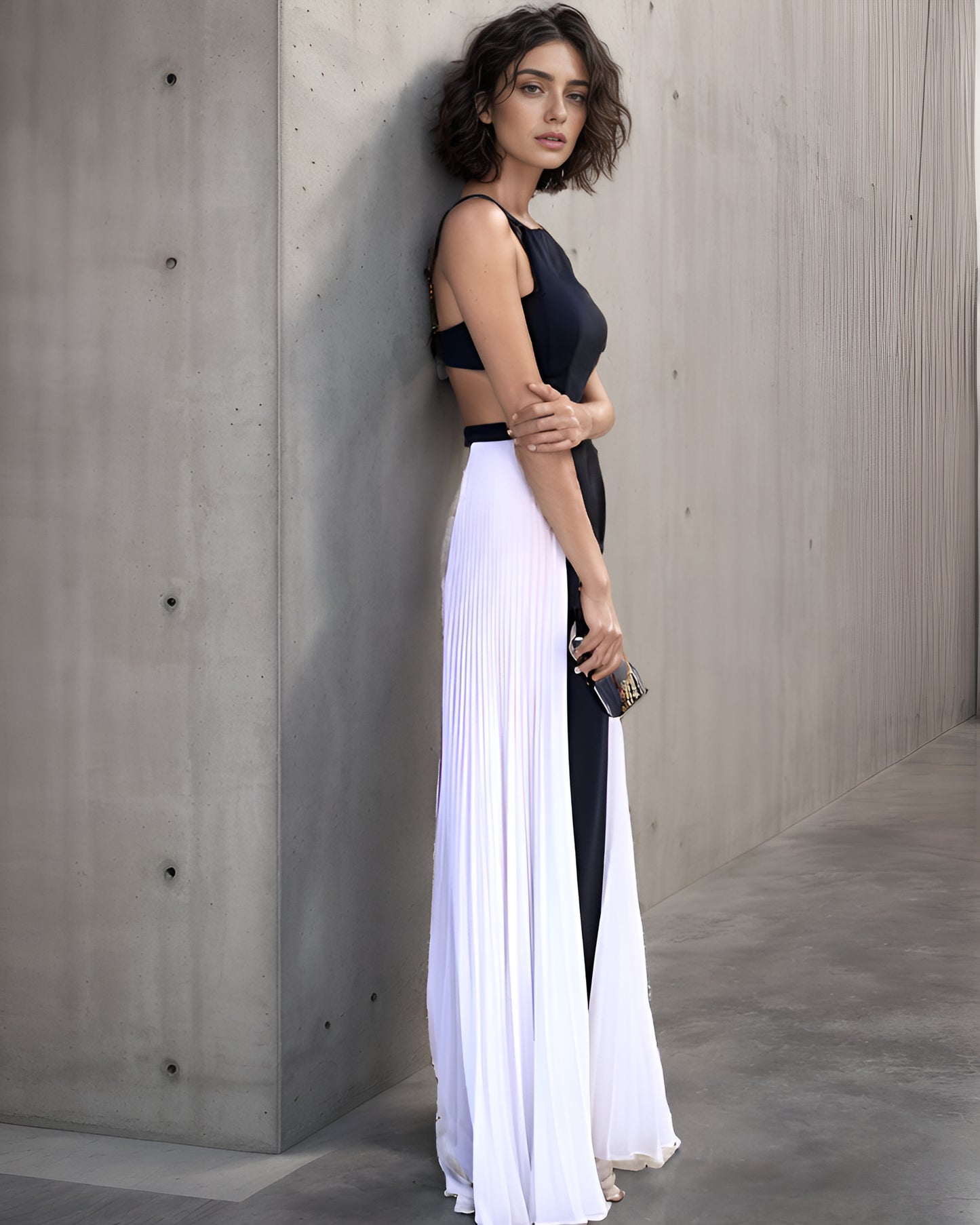 LUXE Black White Panel Cut-Out Gown