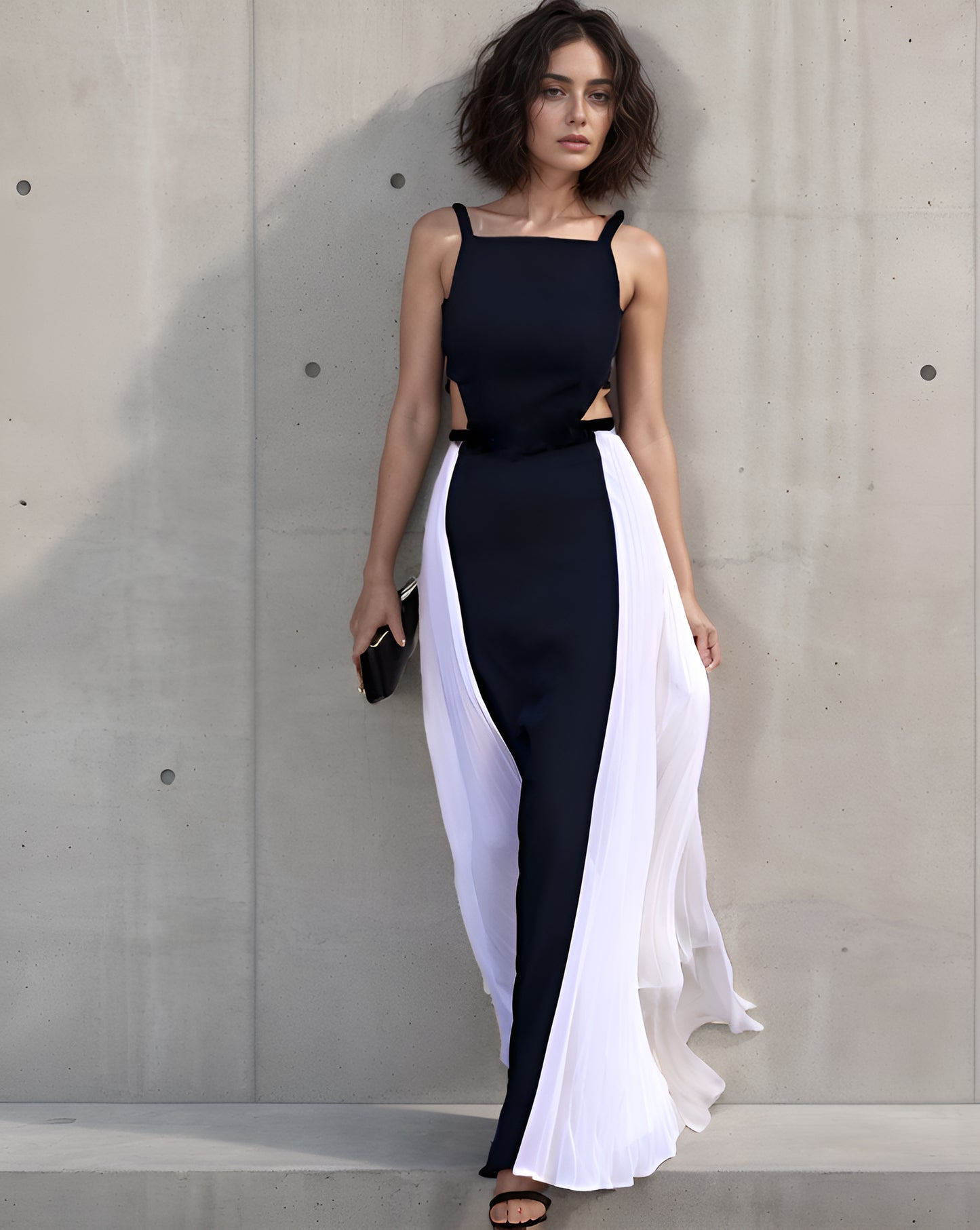 LUXE Black White Panel Cut-Out Gown
