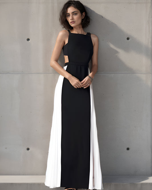 LUXE Black White Panel Cut-Out Gown
