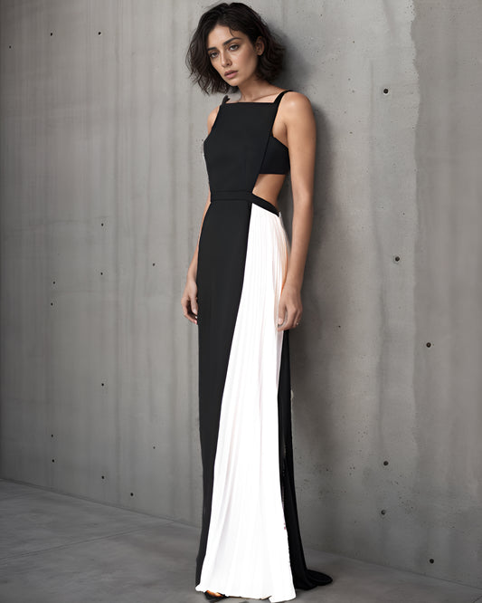 LUXE Black White Panel Cut-Out Gown