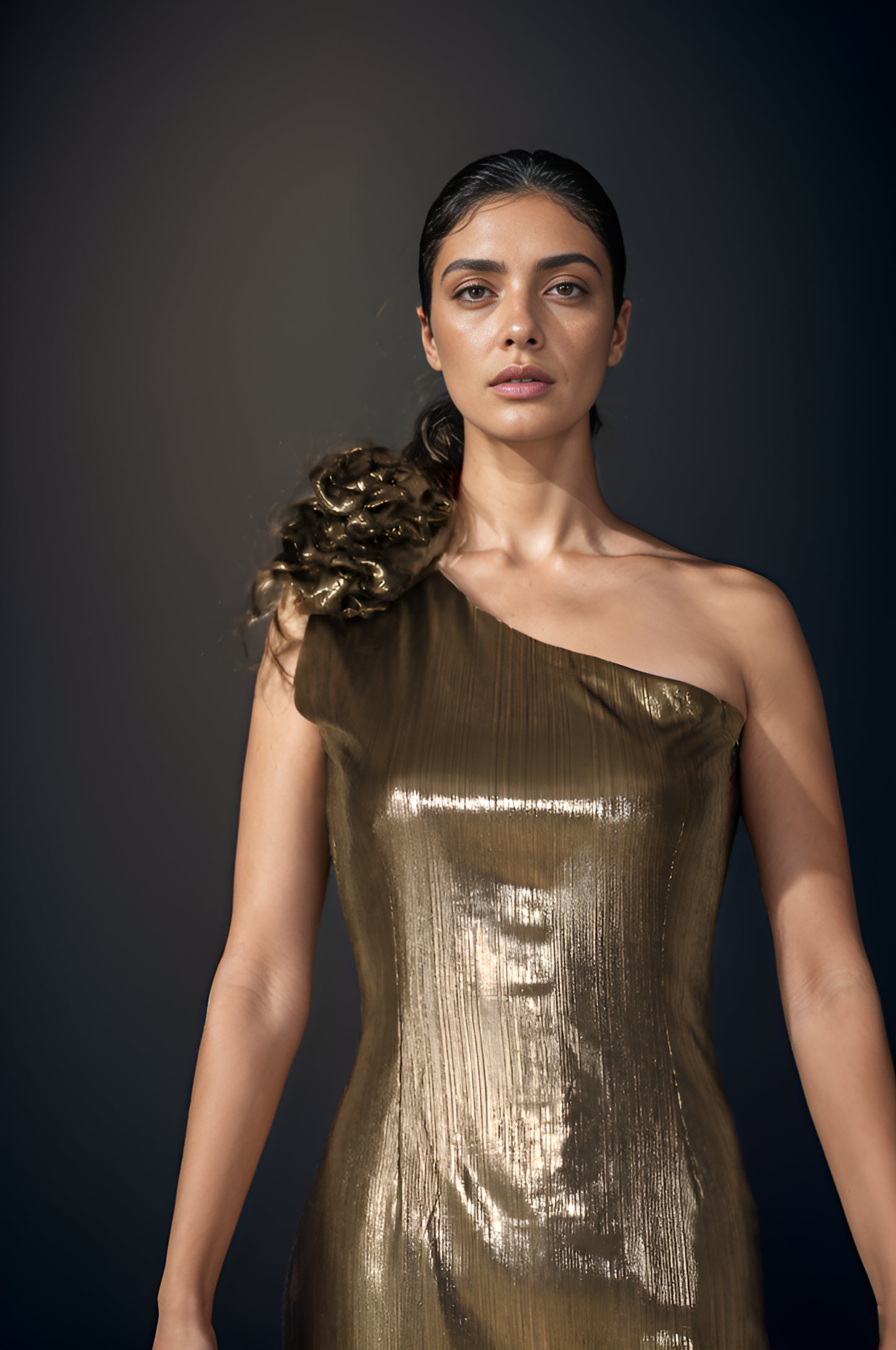 LUXE Bronze Ruffle One Shoulder Dress