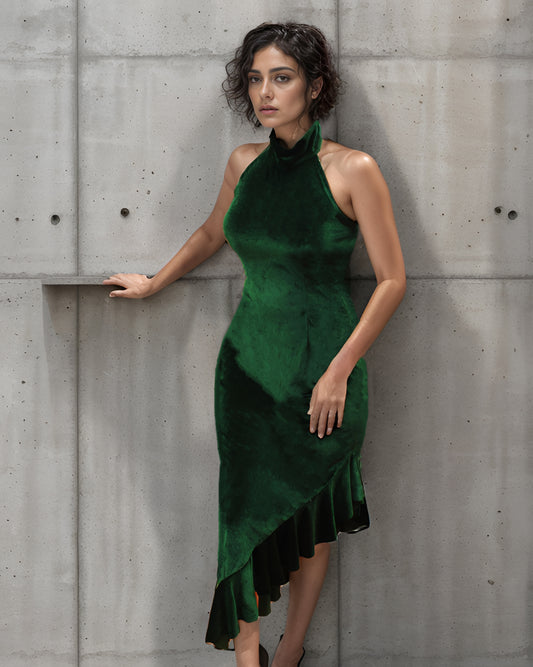 Emerald Velvet Ruffle Dress