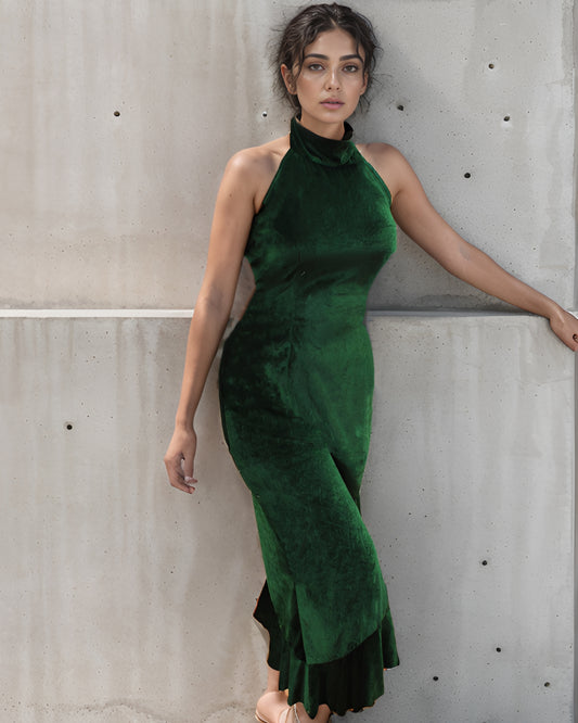 Emerald Velvet Ruffle Dress