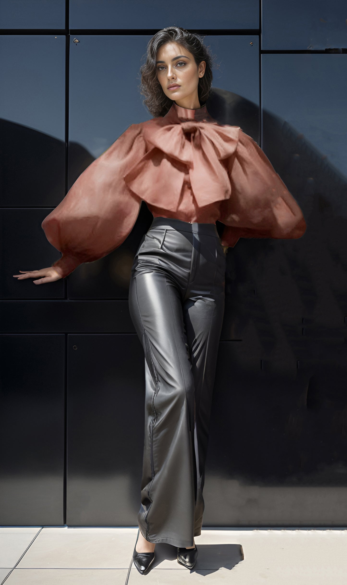 Rust Bow Drama Sleeves Organza Top