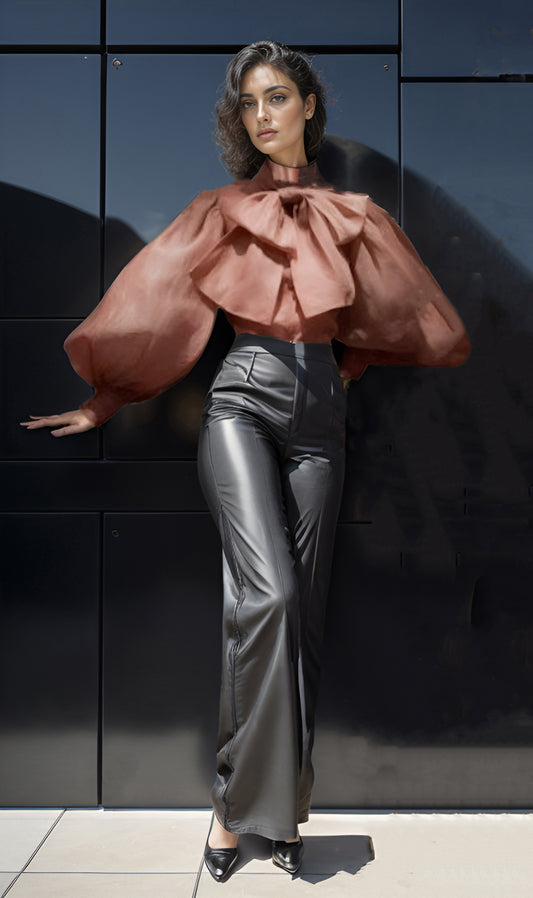 Rust Bow Drama Sleeves Organza Top