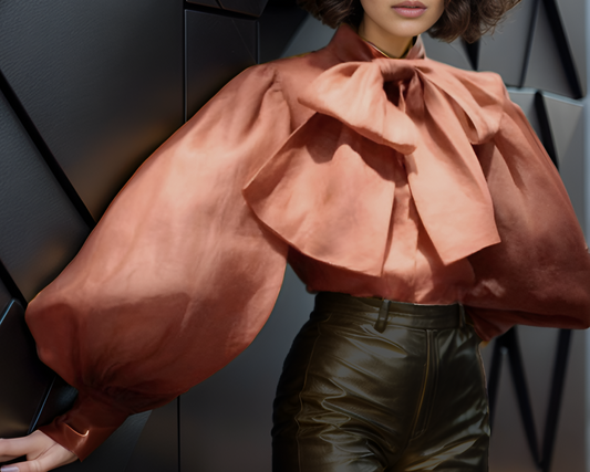 Rust Bow Drama Sleeves Organza Top