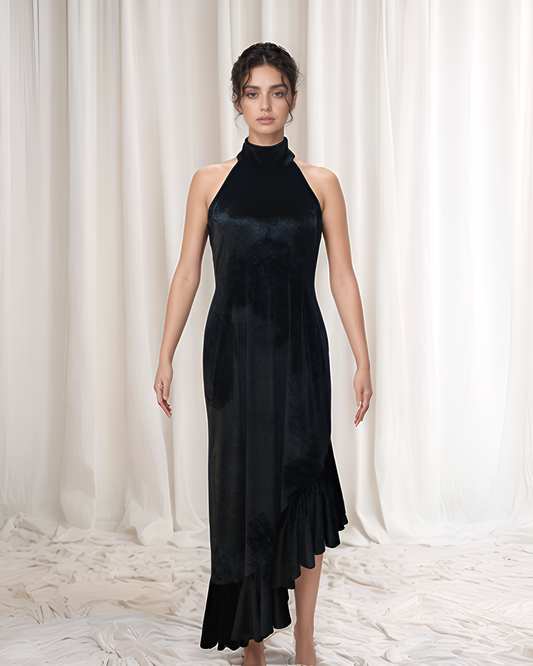 Black Velvet Ruffle Dress