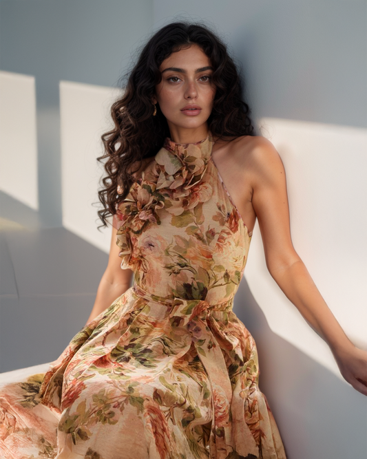 LUXE Floral Ruffle Halter Vintage Gown