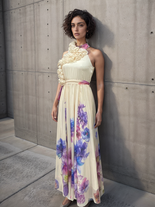 FlowerPaint Ruffle Halter Gown