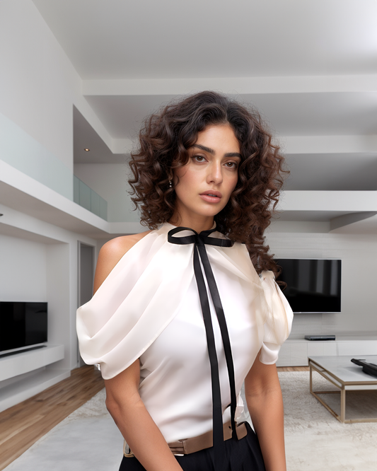 White Bow Cold Shoulder Layered Top
