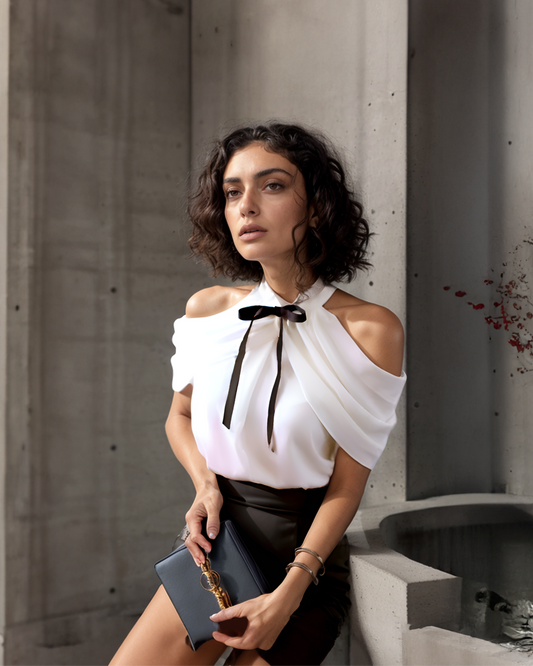 White Bow Cold Shoulder Layered Top