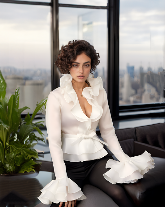 White Double Ruffle Wrap Top